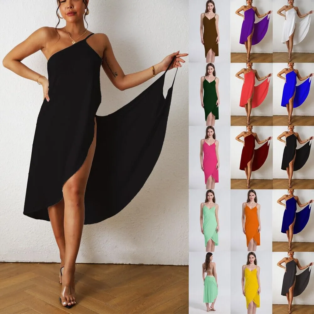 Bamboo Wrap Dress Cover Up, 2024 New Womens Cover Ups Beach Spaghetti Strap Sarongs Beach Backless Wrap Midi Dresses