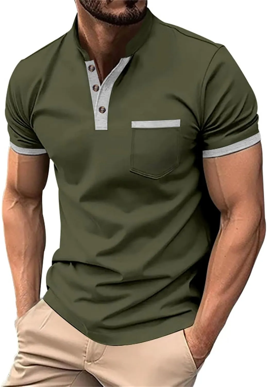 Casual Polo Shirts for Men Short Sleeve Golf Shirt Fashion Button Cotton Top Solid Color Block Pullover with Pocket