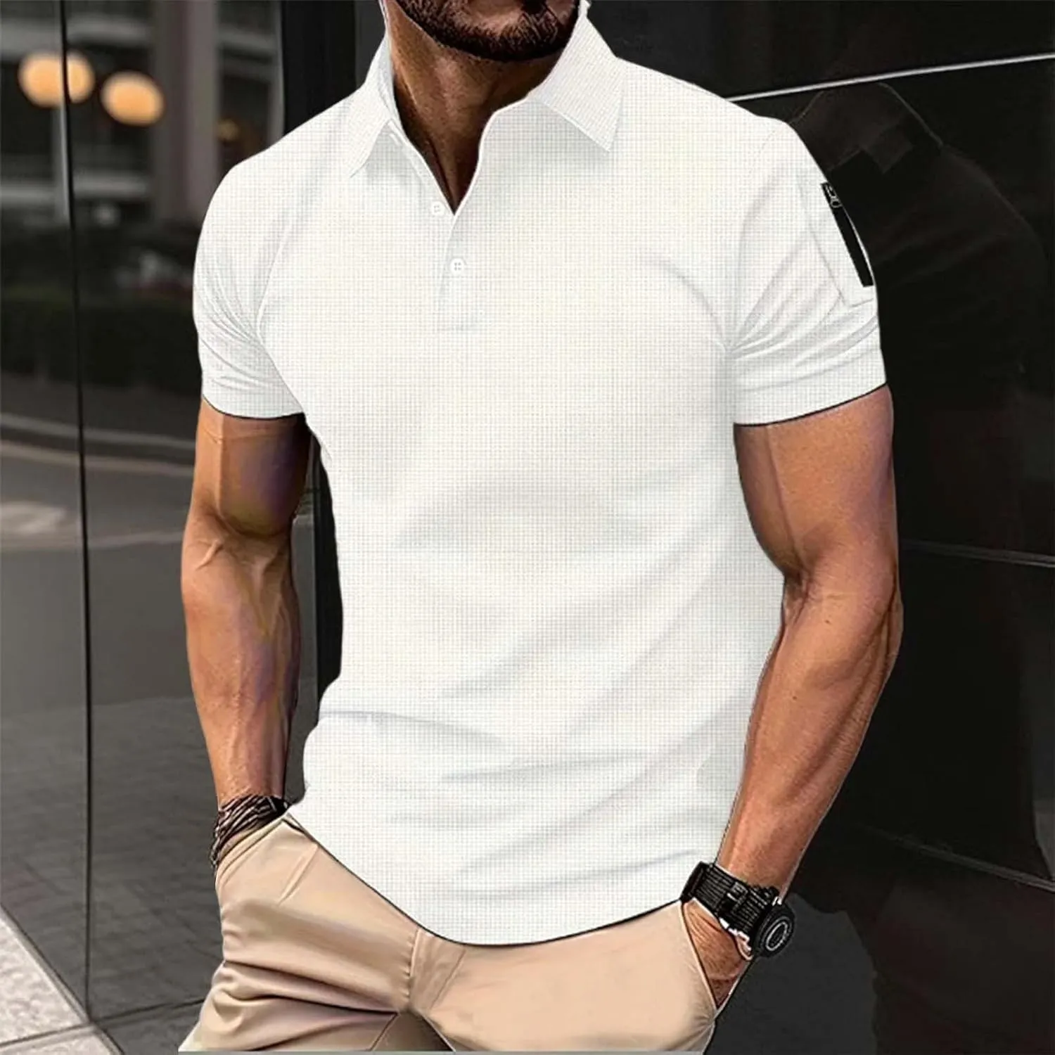 Casual Polo Shirts for Men Short Sleeve Golf Shirt Fashion Button Cotton Top Solid Color Block Pullover with Pocket