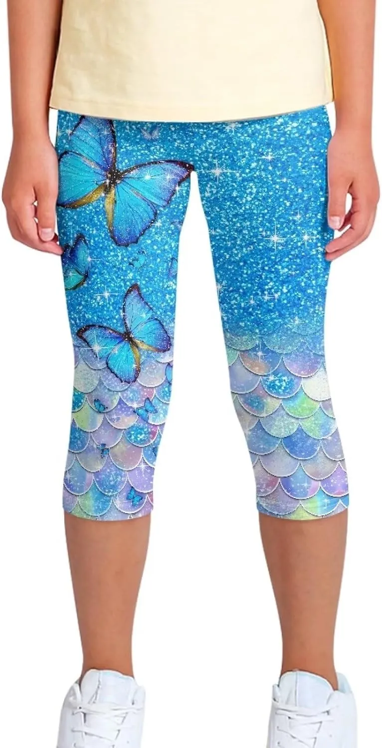 Children's Three-Quarter Yoga Leggings,Kids Teen Workout Cropped Leggings High Waisted Stretch Active Tights