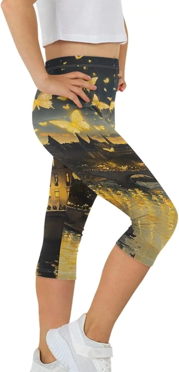 Children's Three-Quarter Yoga Leggings,Kids Teen Workout Cropped Leggings High Waisted Stretch Active Tights