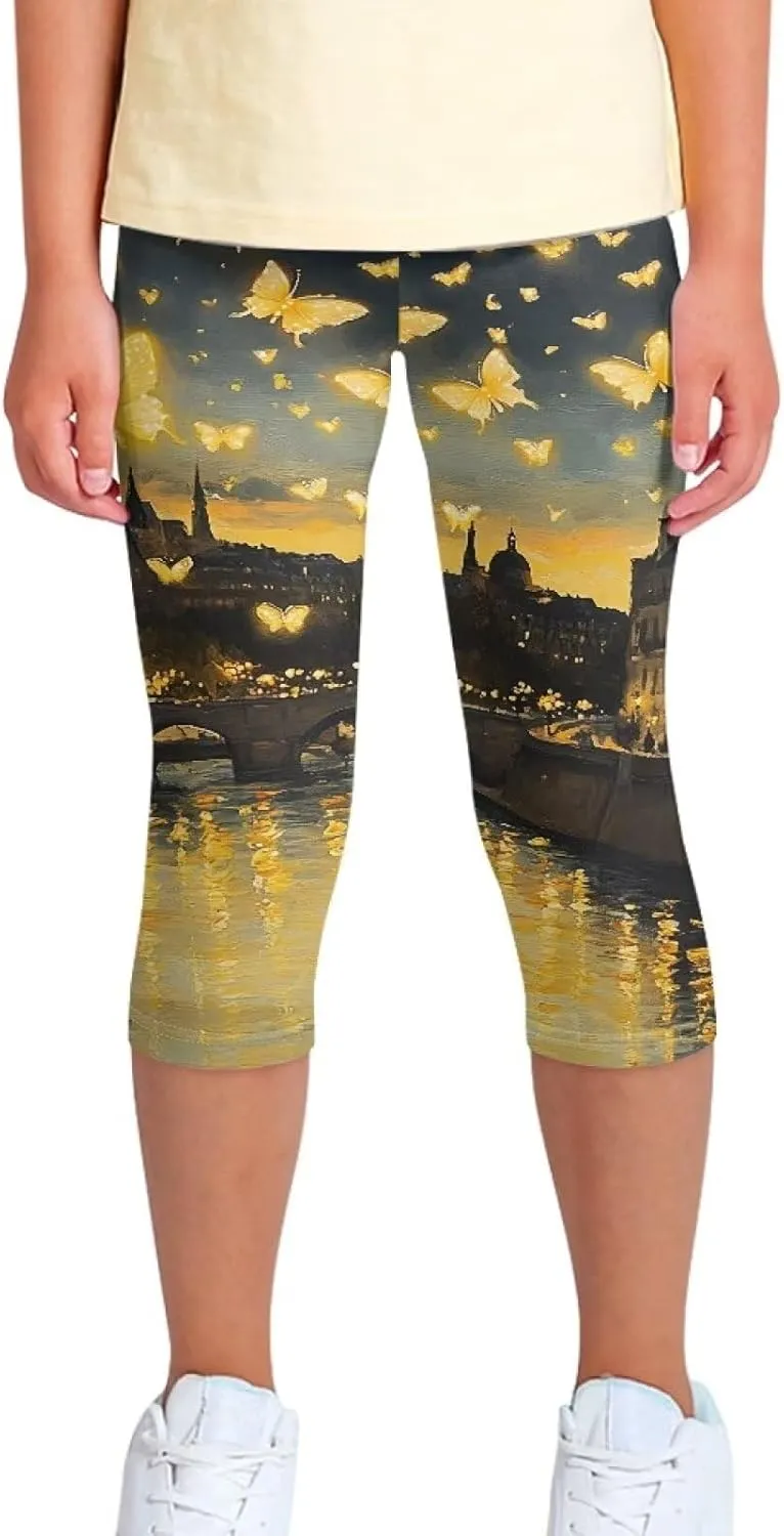 Children's Three-Quarter Yoga Leggings,Kids Teen Workout Cropped Leggings High Waisted Stretch Active Tights