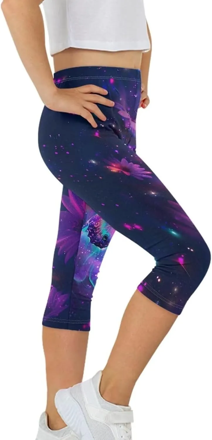 Children's Three-Quarter Yoga Leggings,Kids Teen Workout Cropped Leggings High Waisted Stretch Active Tights