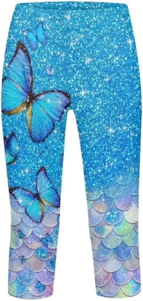 Children's Three-Quarter Yoga Leggings,Kids Teen Workout Cropped Leggings High Waisted Stretch Active Tights