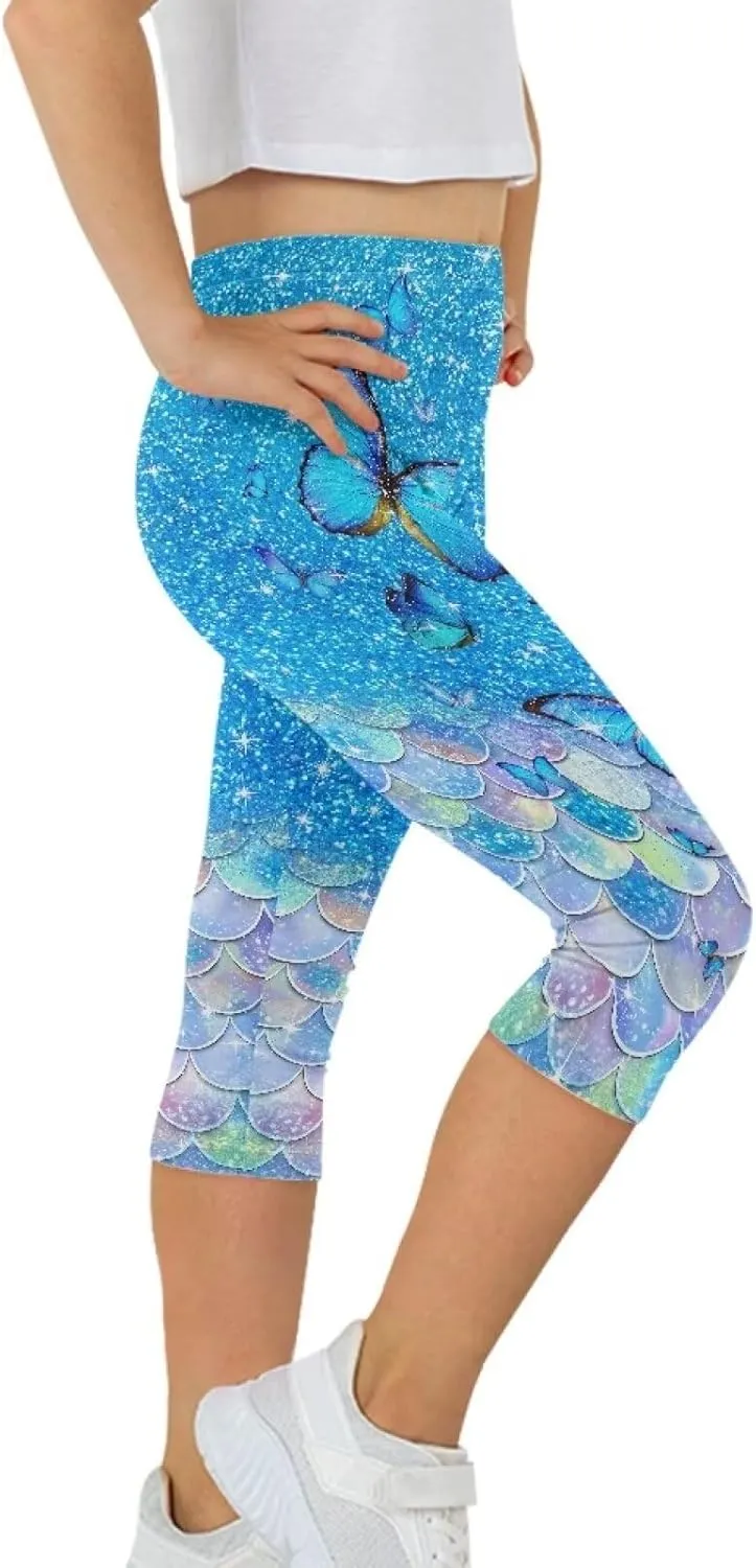 Children's Three-Quarter Yoga Leggings,Kids Teen Workout Cropped Leggings High Waisted Stretch Active Tights
