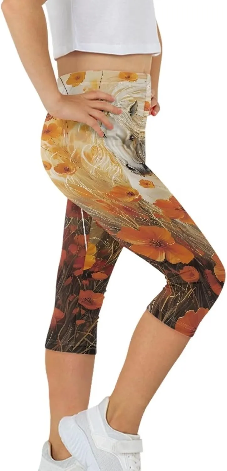 Children's Three-Quarter Yoga Leggings,Kids Teen Workout Cropped Leggings High Waisted Stretch Active Tights