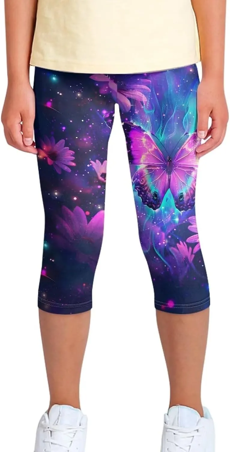 Children's Three-Quarter Yoga Leggings,Kids Teen Workout Cropped Leggings High Waisted Stretch Active Tights