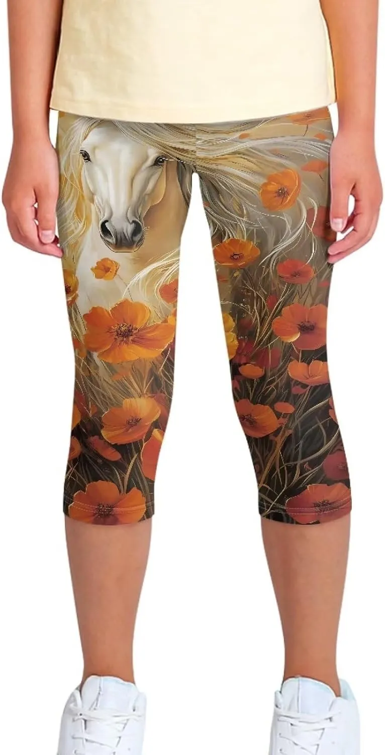Children's Three-Quarter Yoga Leggings,Kids Teen Workout Cropped Leggings High Waisted Stretch Active Tights