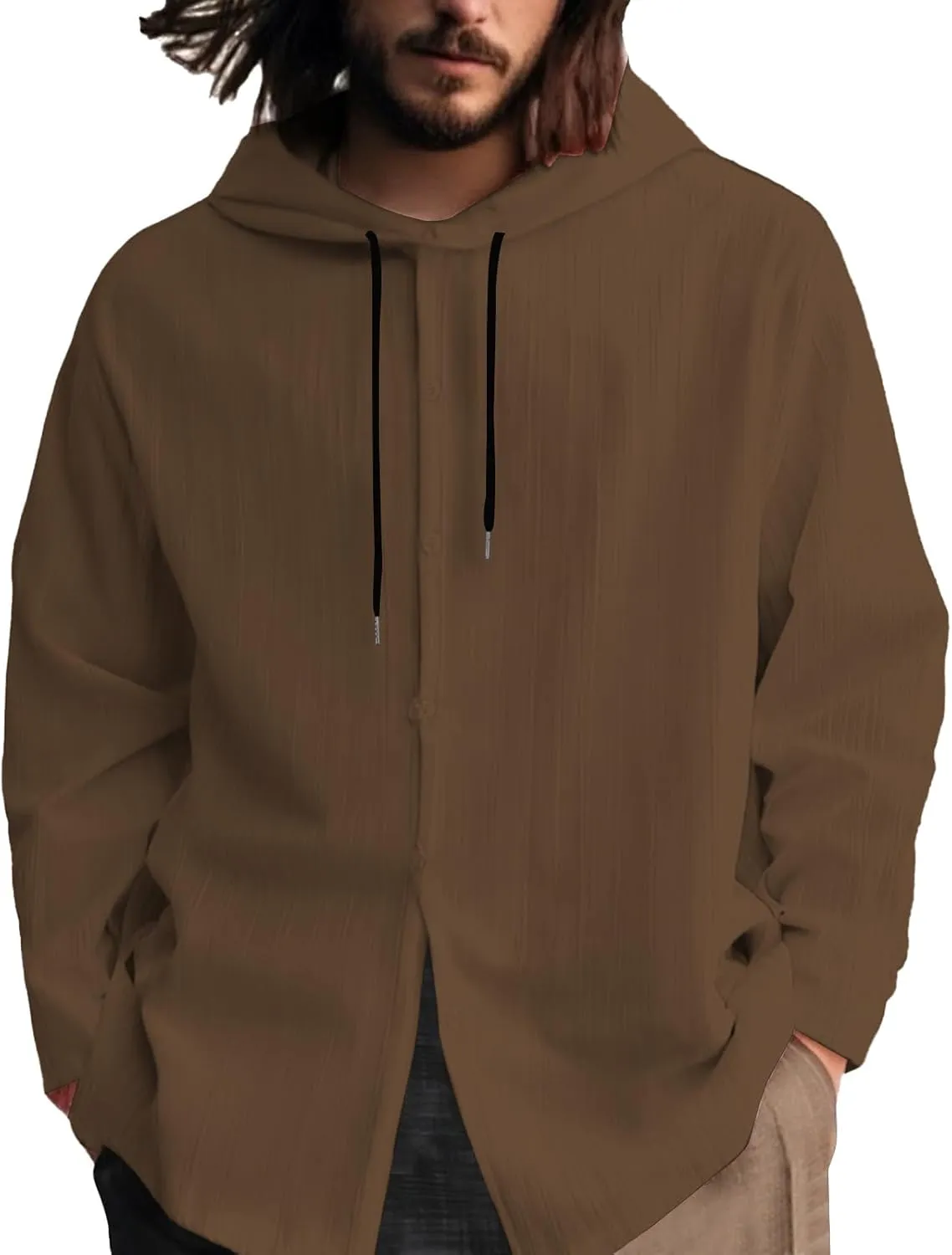 Cotton Linen Hoodies for Men Casual Long Sleeve Lightweight Breathable Button Down Hooded Sweatshirts Beach Yoga Tops