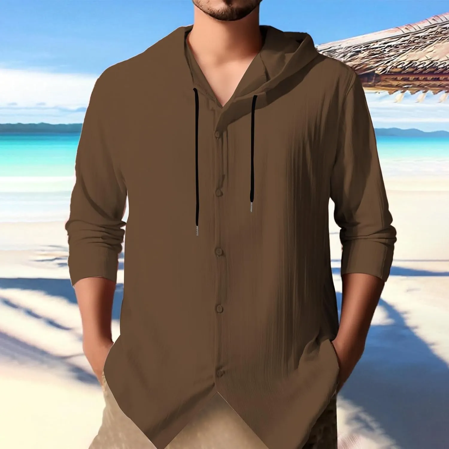 Cotton Linen Hoodies for Men Casual Long Sleeve Lightweight Breathable Button Down Hooded Sweatshirts Beach Yoga Tops