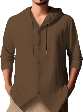 Cotton Linen Hoodies for Men Casual Long Sleeve Lightweight Breathable Button Down Hooded Sweatshirts Beach Yoga Tops