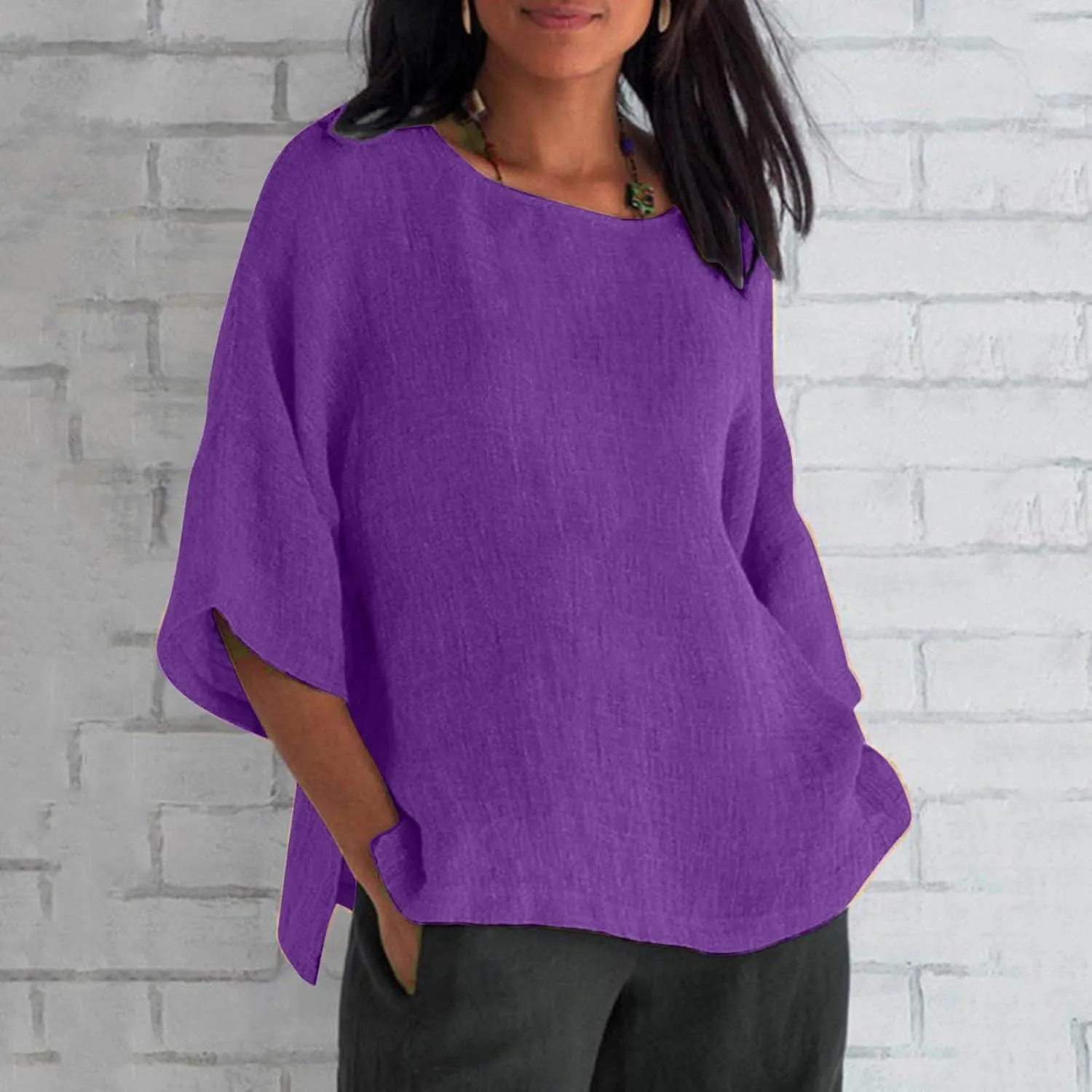 Cotton Linen Shirts for Women 3/4 Sleeve Plus Size Tops Crew Neck T Shirts Casual Three Quarter Length Tunic Tops