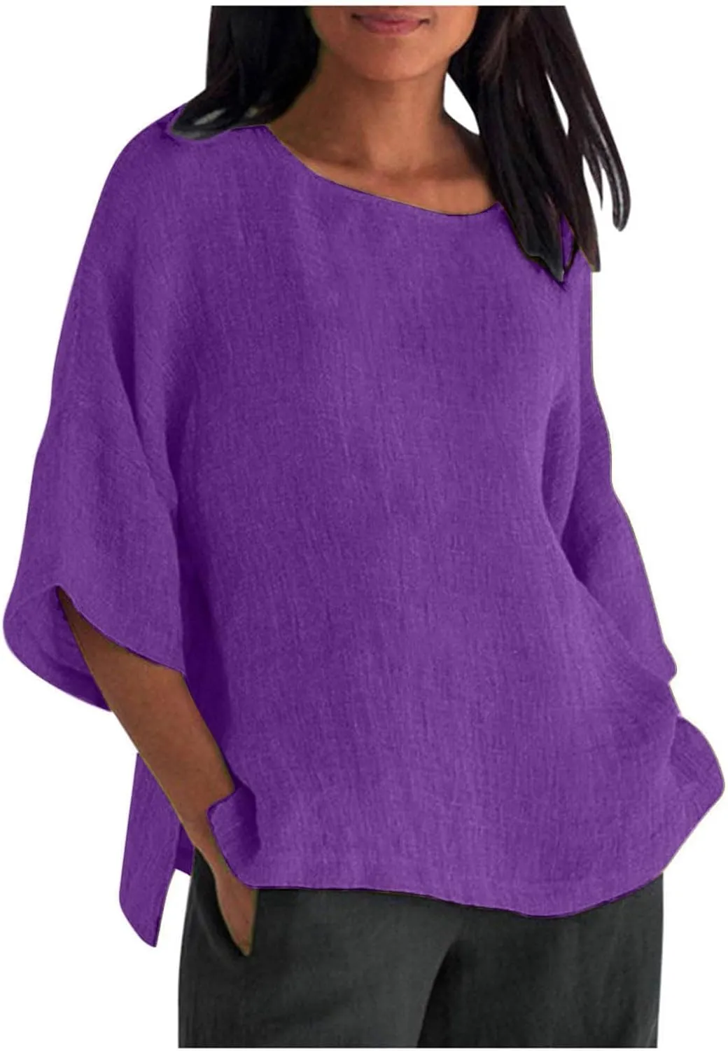 Cotton Linen Shirts for Women 3/4 Sleeve Plus Size Tops Crew Neck T Shirts Casual Three Quarter Length Tunic Tops