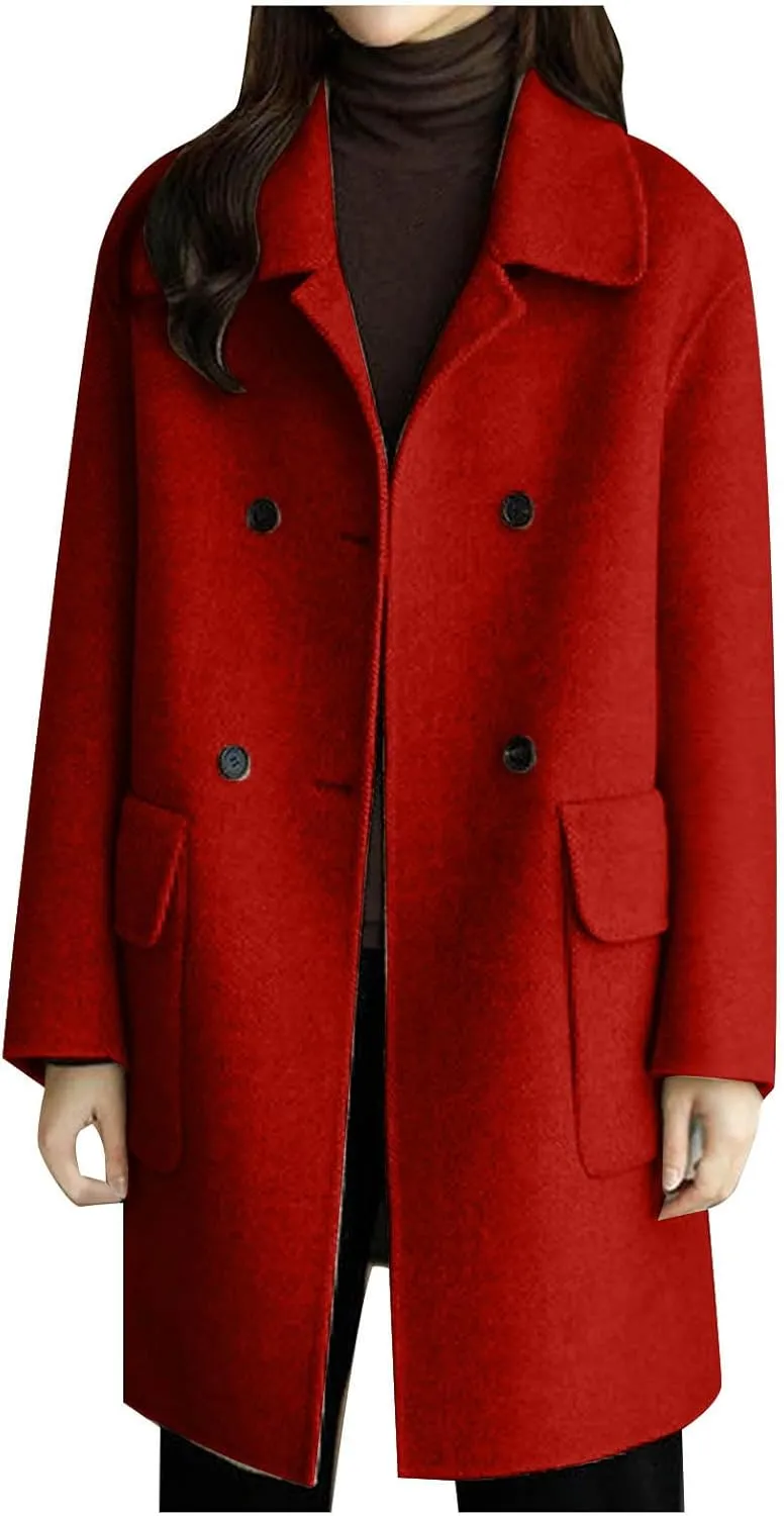 Fall Spring Jacket for Women 2024 Trendy Soft Wool Blend Pea Coat with Pocket Long Sleeve Double Breasted Coat Lightweight