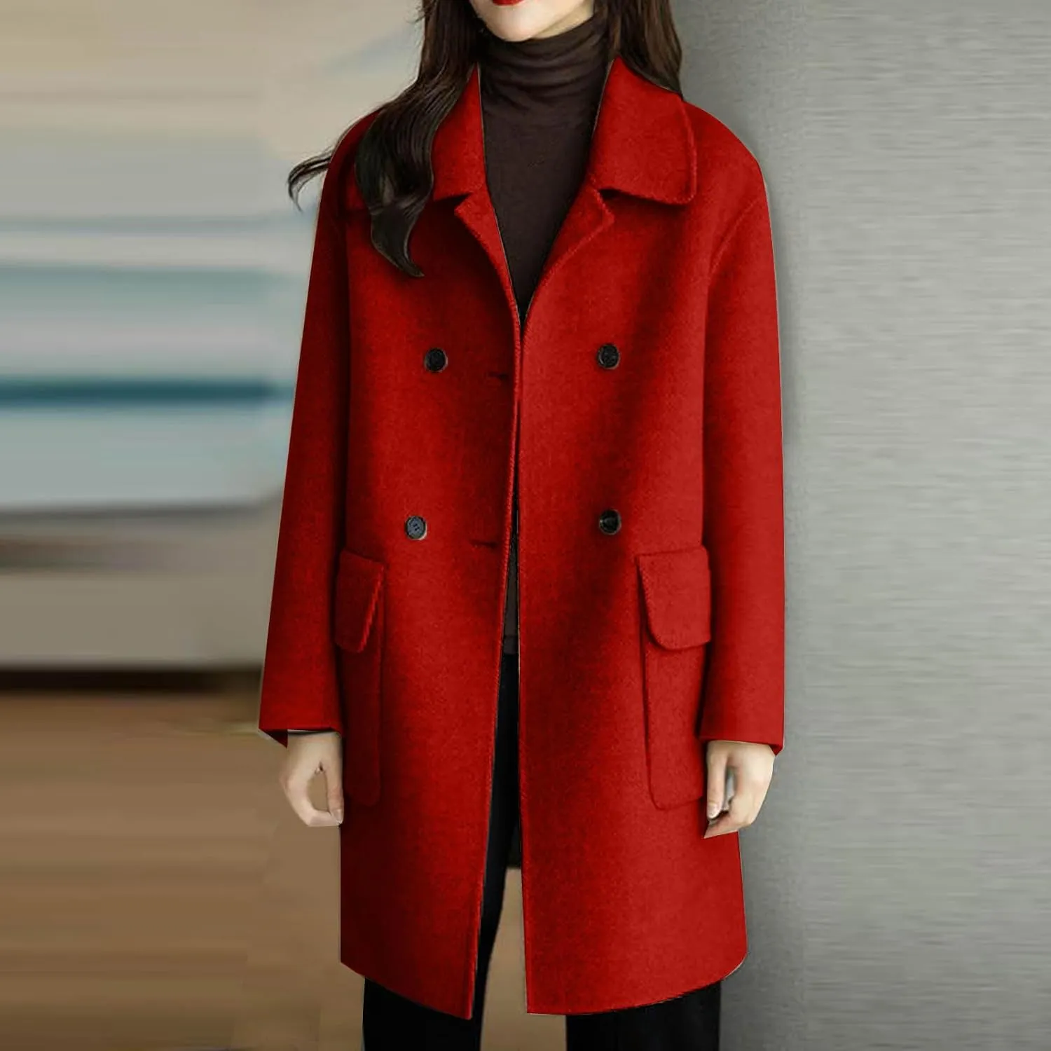 Fall Spring Jacket for Women 2024 Trendy Soft Wool Blend Pea Coat with Pocket Long Sleeve Double Breasted Coat Lightweight