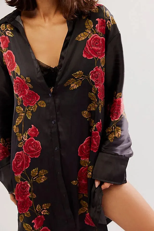 Free People Off The Vine Button Down in Black/Red Roses