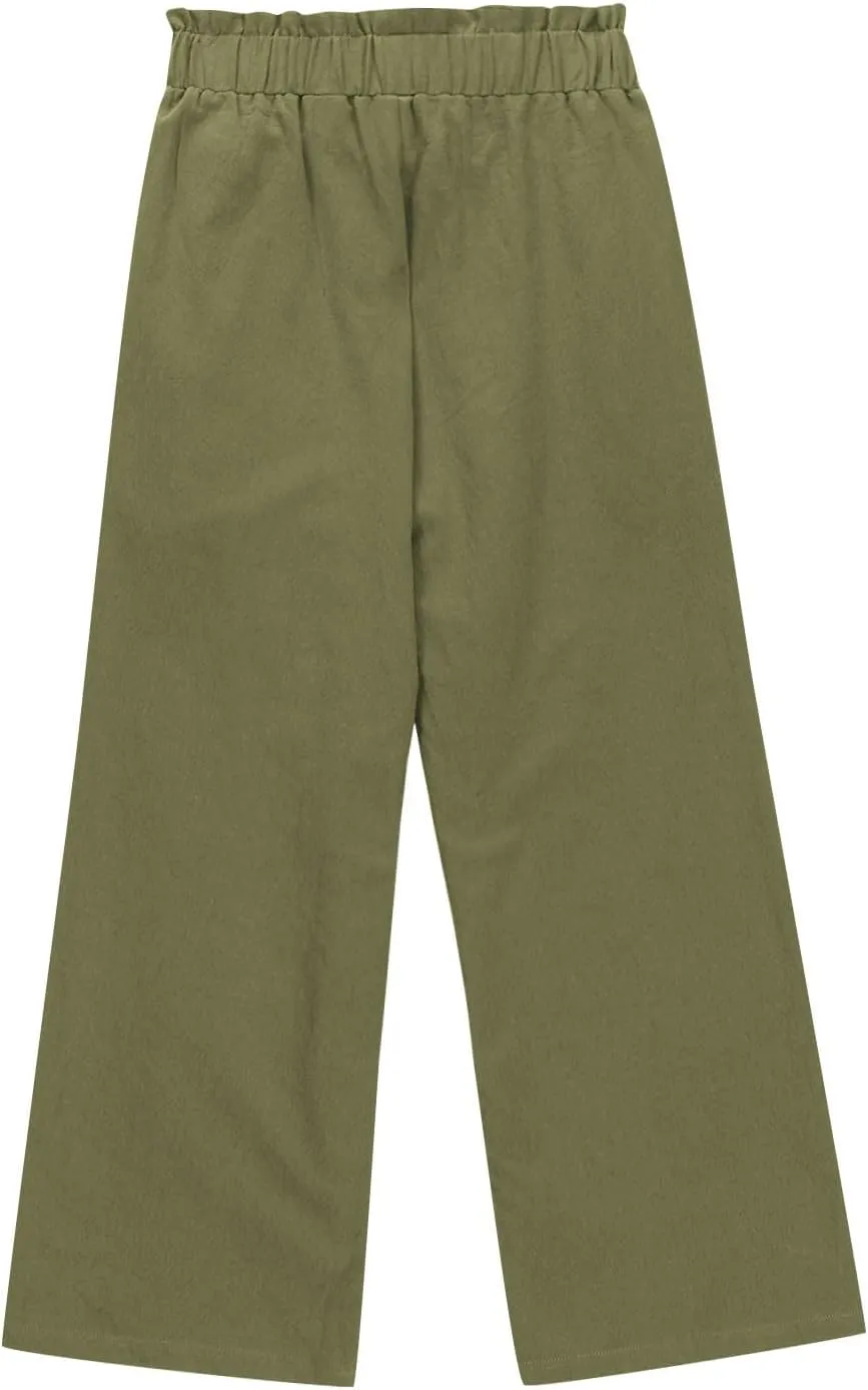 Girls Linen Wide Leg Pants Summer Loose Comfy Flowy Lounge Trousers Kids Solid Lightweight Belted Pants with Pockets