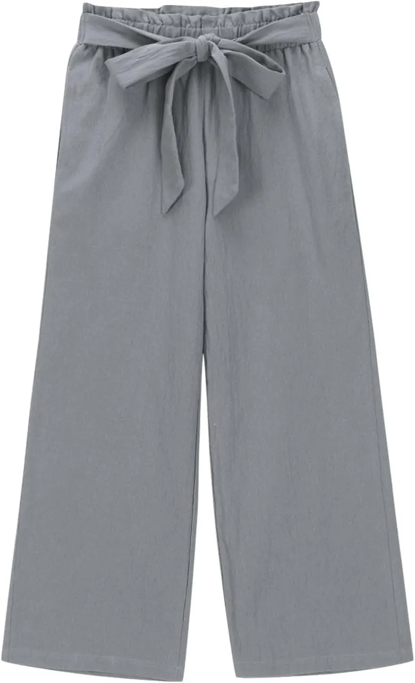 Girls Linen Wide Leg Pants Summer Loose Comfy Flowy Lounge Trousers Kids Solid Lightweight Belted Pants with Pockets