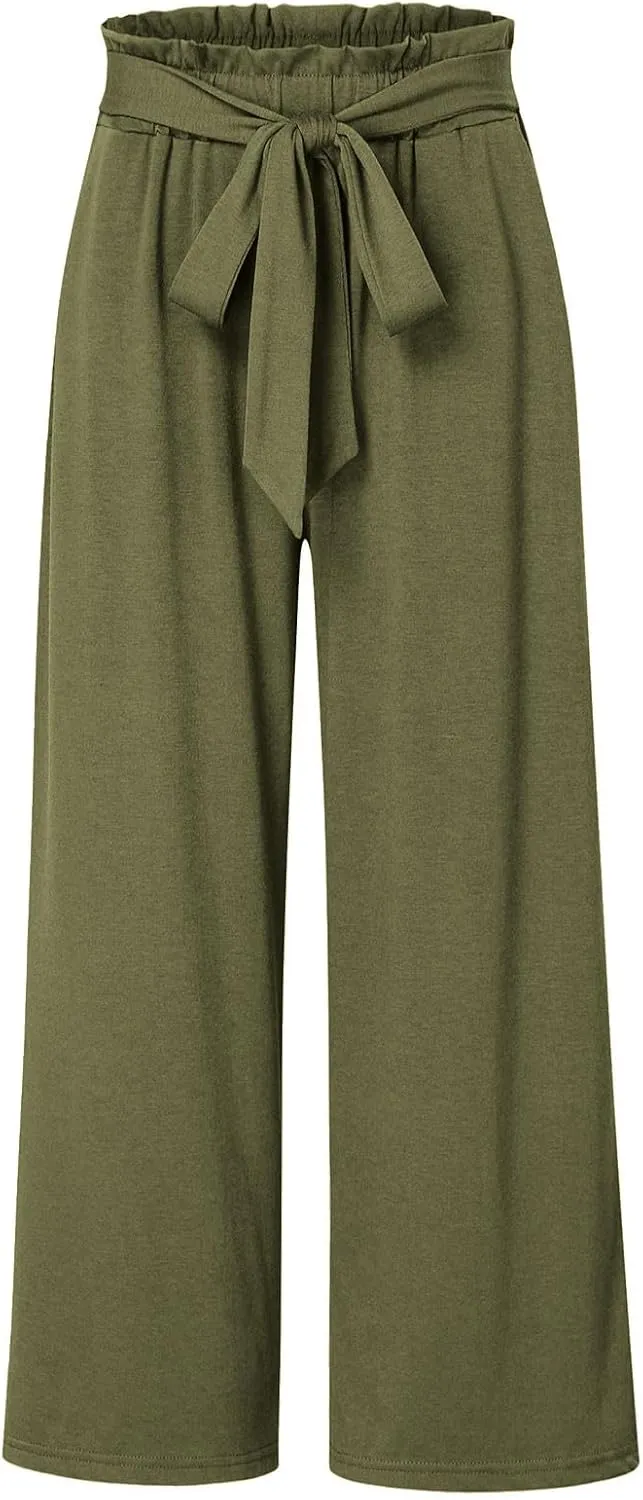 Girls Linen Wide Leg Pants Summer Loose Comfy Flowy Lounge Trousers Kids Solid Lightweight Belted Pants with Pockets