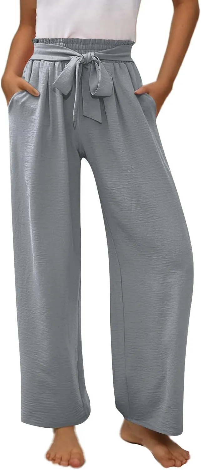 Girls Linen Wide Leg Pants Summer Loose Comfy Flowy Lounge Trousers Kids Solid Lightweight Belted Pants with Pockets