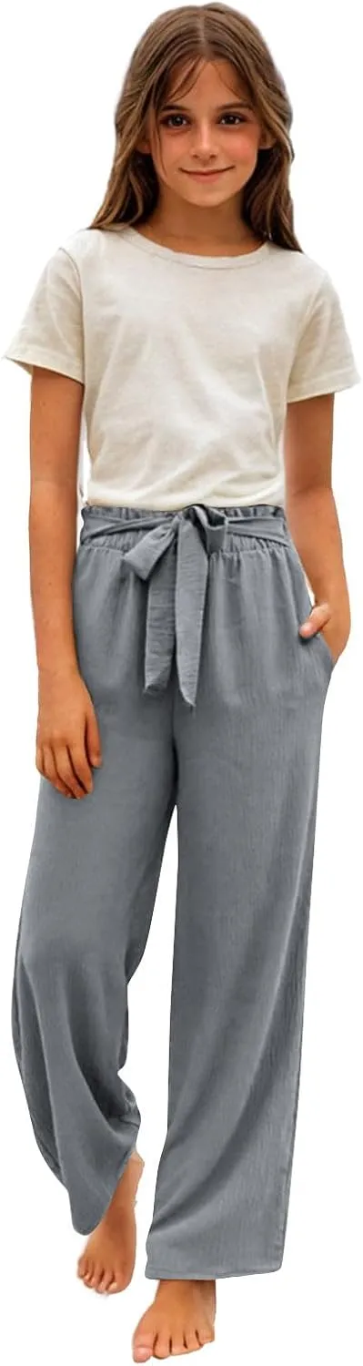 Girls Linen Wide Leg Pants Summer Loose Comfy Flowy Lounge Trousers Kids Solid Lightweight Belted Pants with Pockets