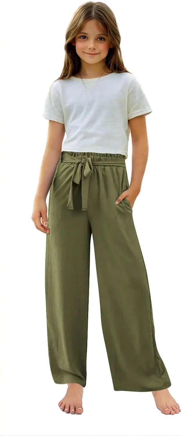 Girls Linen Wide Leg Pants Summer Loose Comfy Flowy Lounge Trousers Kids Solid Lightweight Belted Pants with Pockets