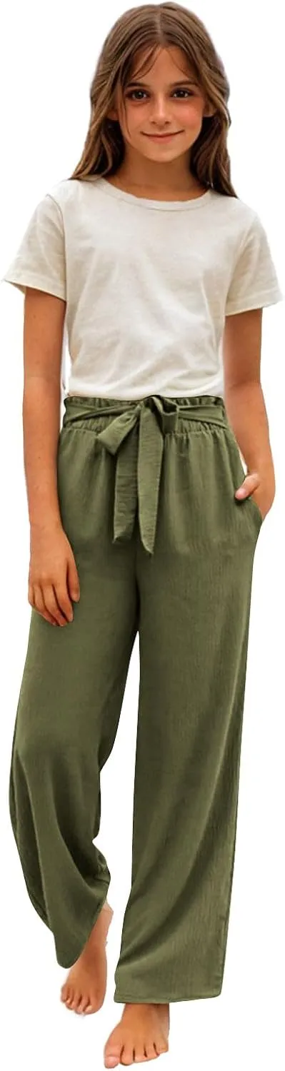 Girls Linen Wide Leg Pants Summer Loose Comfy Flowy Lounge Trousers Kids Solid Lightweight Belted Pants with Pockets