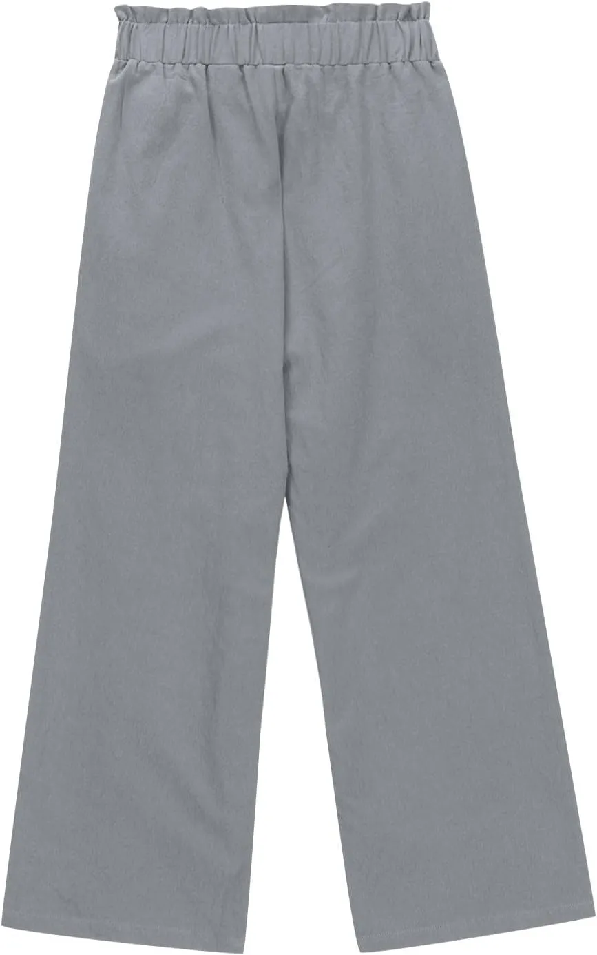 Girls Linen Wide Leg Pants Summer Loose Comfy Flowy Lounge Trousers Kids Solid Lightweight Belted Pants with Pockets