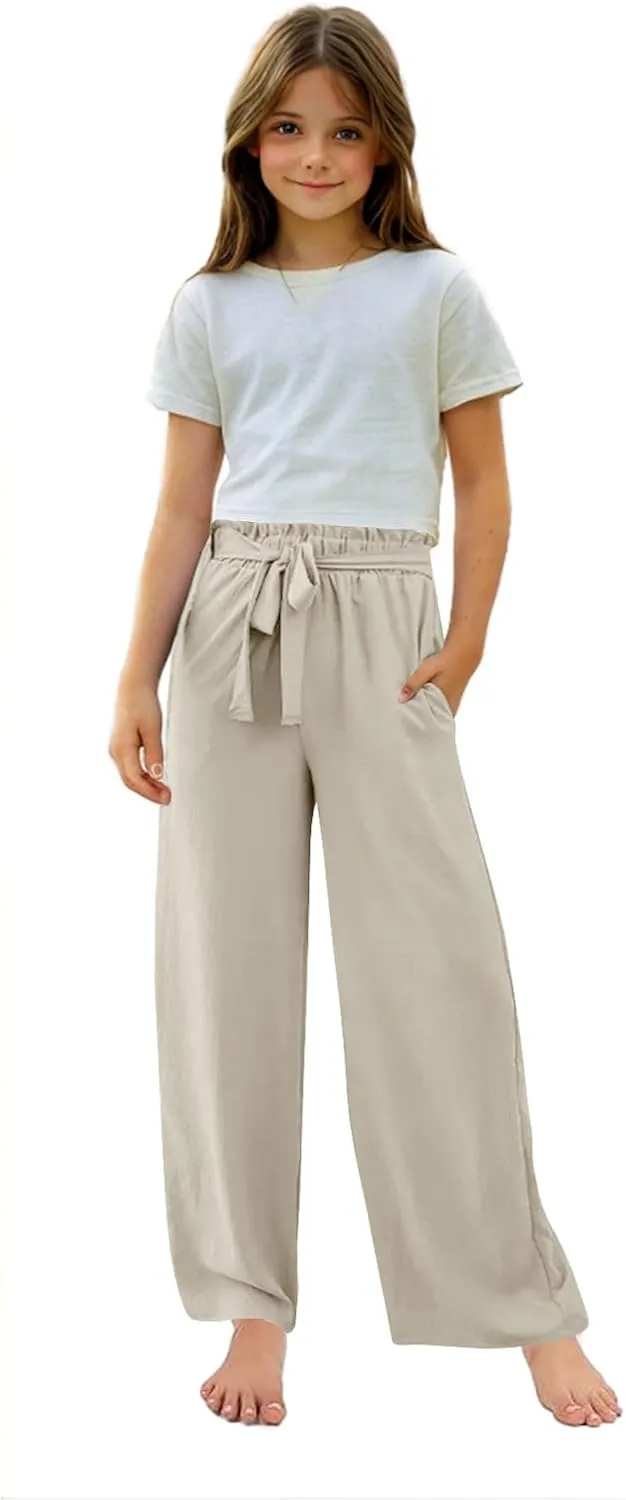 Girls Linen Wide Leg Pants Summer Loose Comfy Flowy Lounge Trousers Kids Solid Lightweight Belted Pants with Pockets
