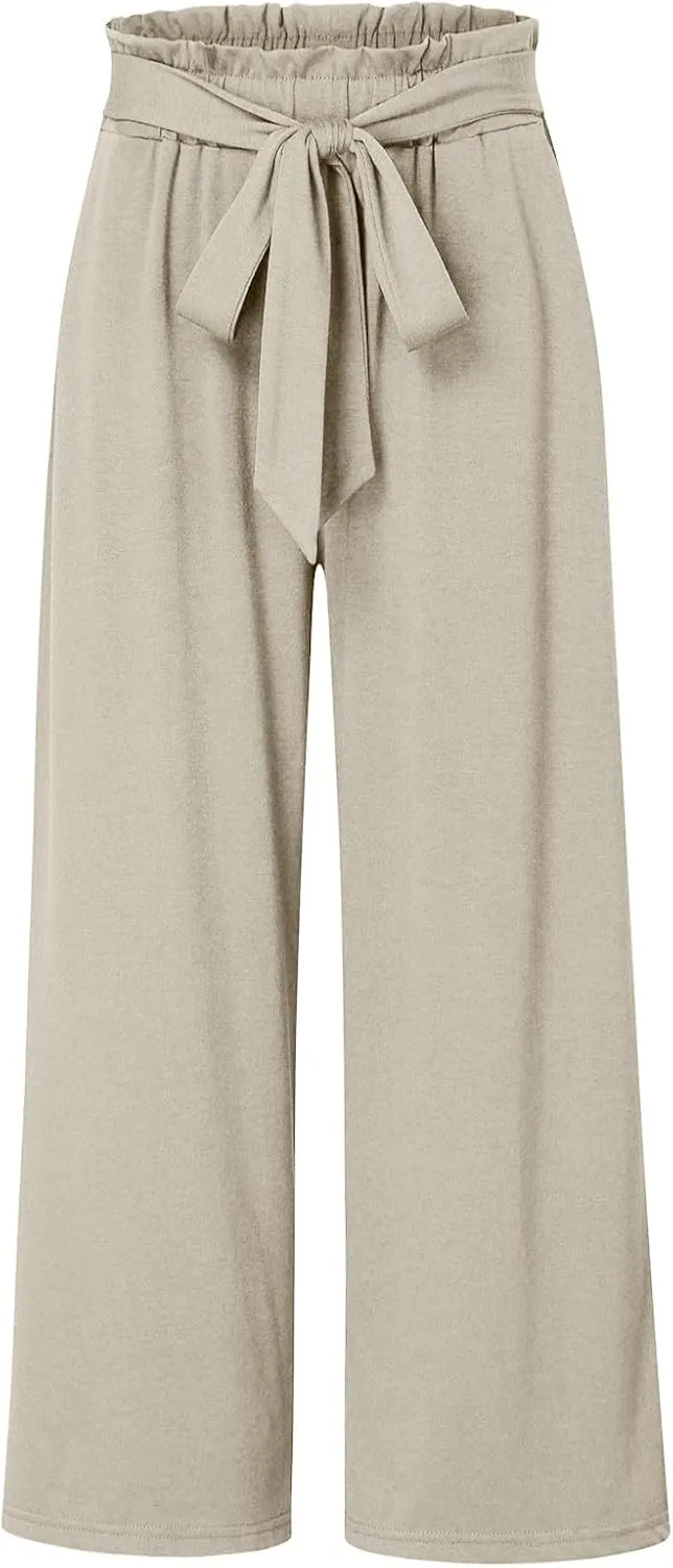 Girls Linen Wide Leg Pants Summer Loose Comfy Flowy Lounge Trousers Kids Solid Lightweight Belted Pants with Pockets