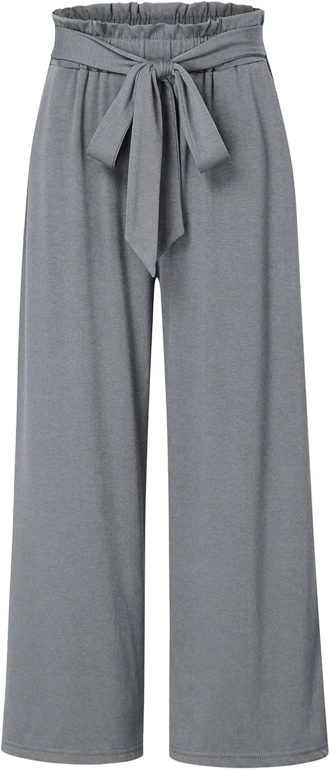 Girls Linen Wide Leg Pants Summer Loose Comfy Flowy Lounge Trousers Kids Solid Lightweight Belted Pants with Pockets