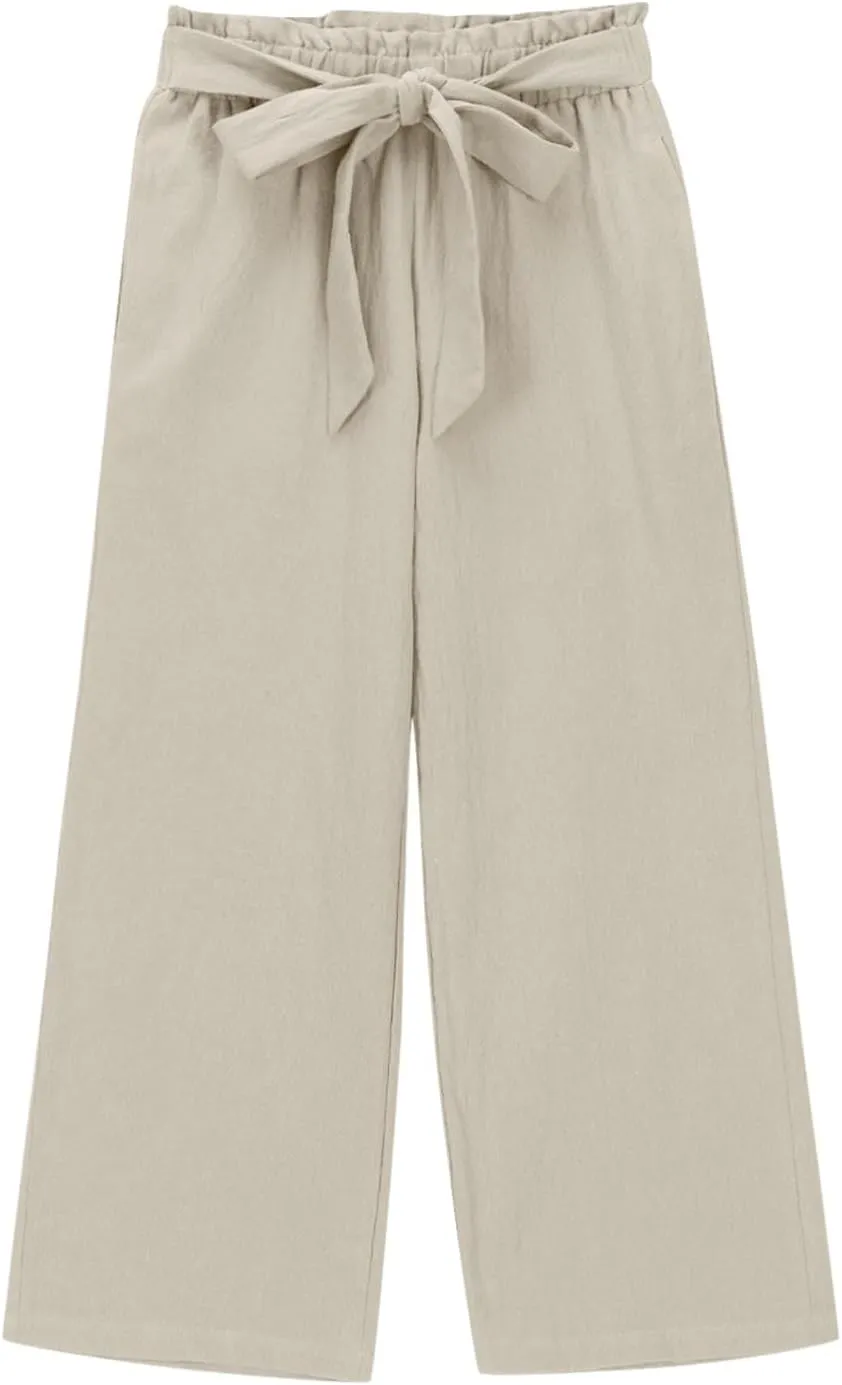 Girls Linen Wide Leg Pants Summer Loose Comfy Flowy Lounge Trousers Kids Solid Lightweight Belted Pants with Pockets