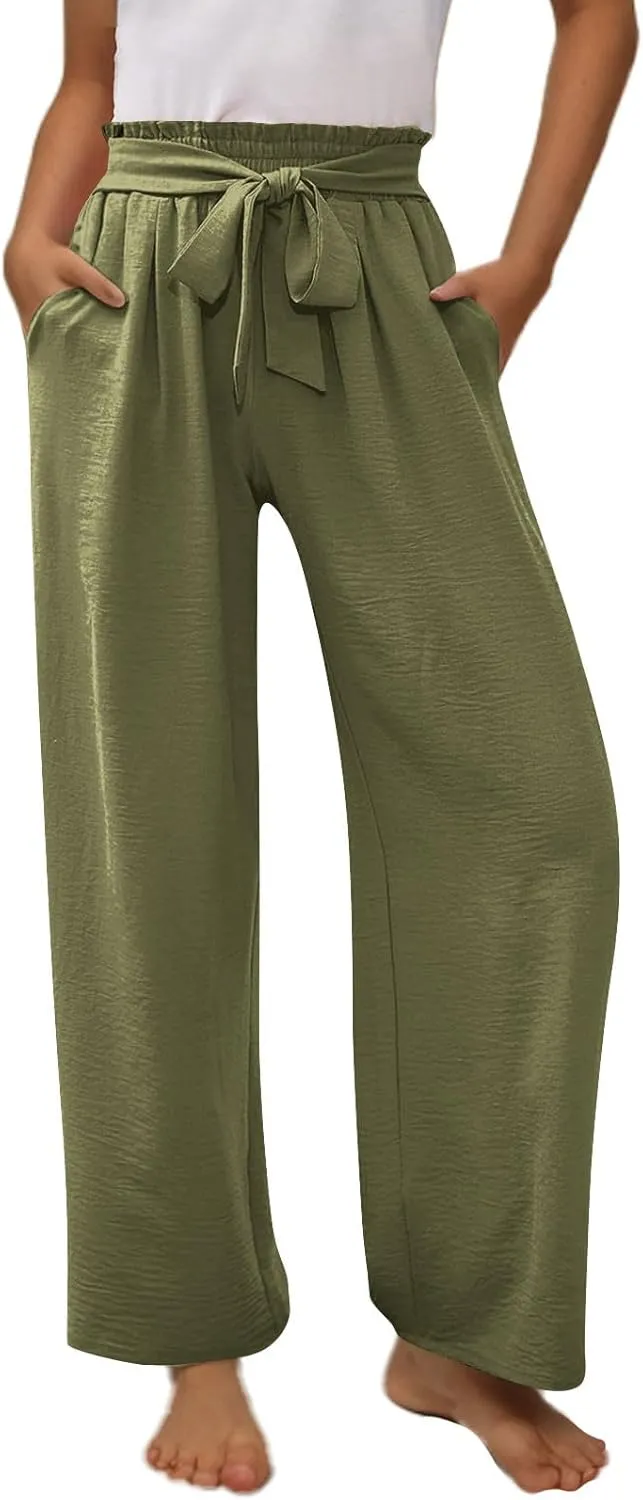 Girls Linen Wide Leg Pants Summer Loose Comfy Flowy Lounge Trousers Kids Solid Lightweight Belted Pants with Pockets