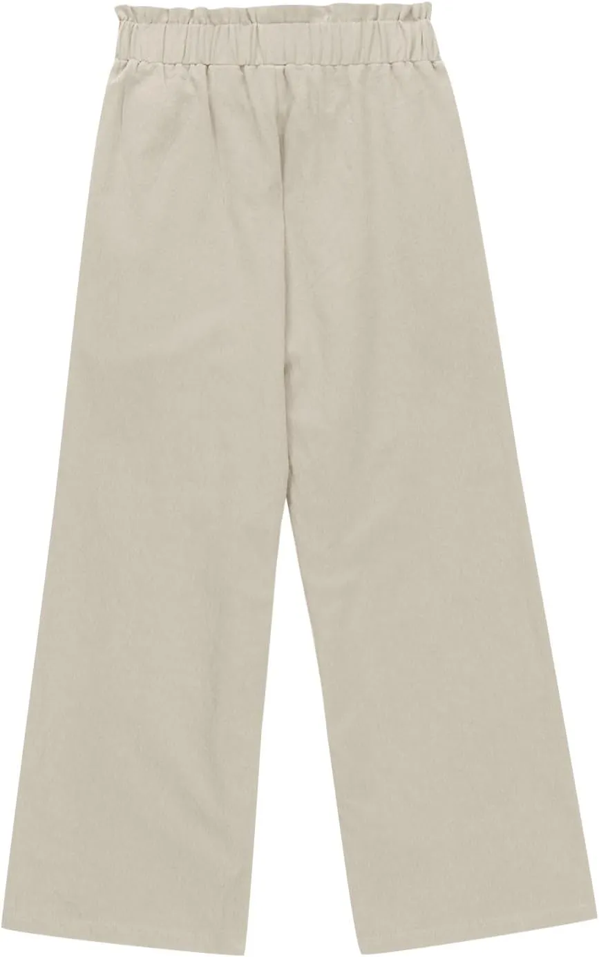 Girls Linen Wide Leg Pants Summer Loose Comfy Flowy Lounge Trousers Kids Solid Lightweight Belted Pants with Pockets