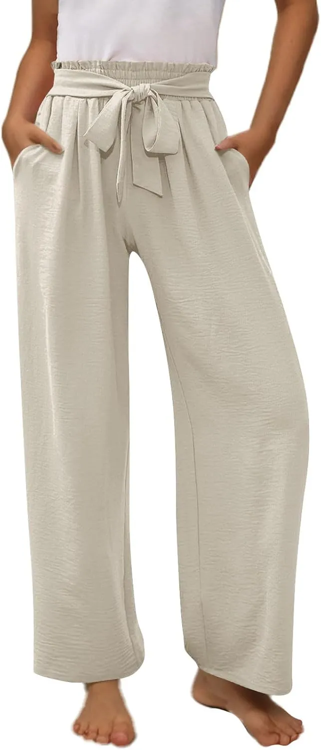 Girls Linen Wide Leg Pants Summer Loose Comfy Flowy Lounge Trousers Kids Solid Lightweight Belted Pants with Pockets