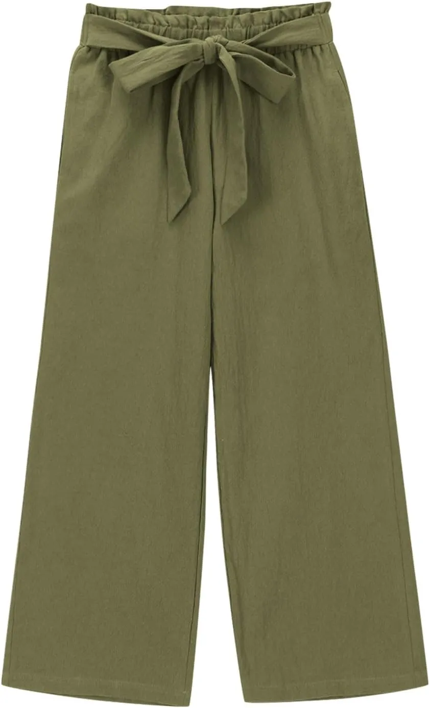 Girls Linen Wide Leg Pants Summer Loose Comfy Flowy Lounge Trousers Kids Solid Lightweight Belted Pants with Pockets