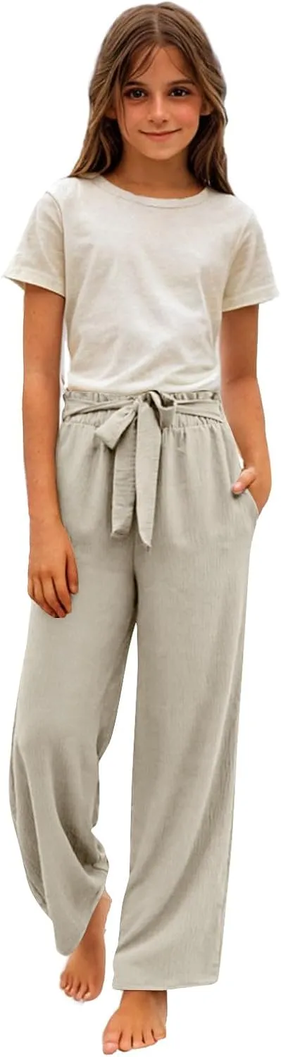 Girls Linen Wide Leg Pants Summer Loose Comfy Flowy Lounge Trousers Kids Solid Lightweight Belted Pants with Pockets