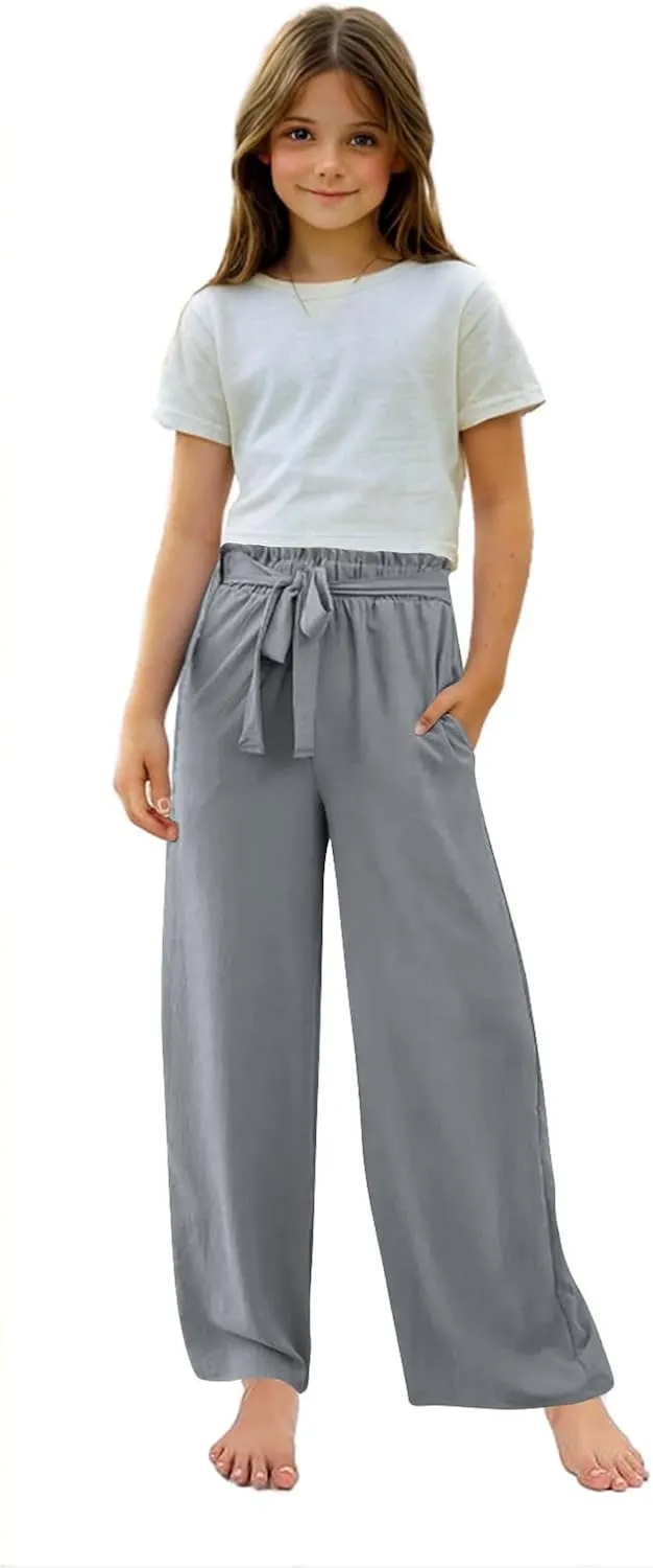 Girls Linen Wide Leg Pants Summer Loose Comfy Flowy Lounge Trousers Kids Solid Lightweight Belted Pants with Pockets