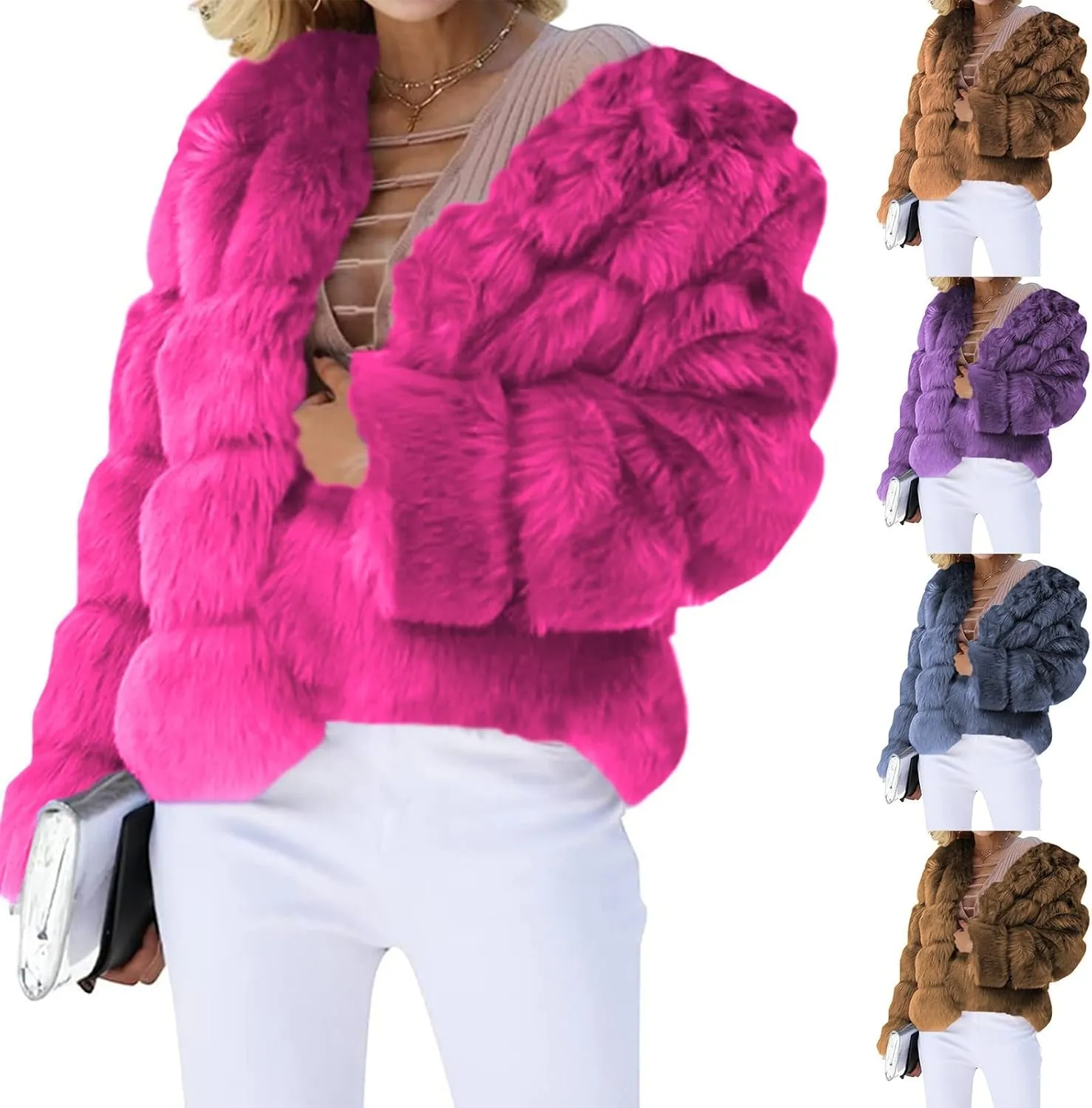 GOKKILRW Womens Cropped Jackets Faux Fur Long Sleeve Open Front Cardigans Soft Shaggy Coats Warm Outwear Stylish Party Outfit