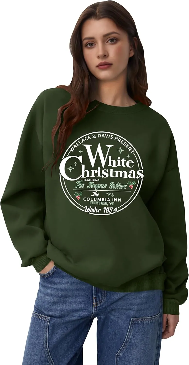 LAZYCHILD White Christmas Sweatshirt for Woman: Christmas Movie 1954 Shirts Xmas Tree Holiday Long Sleeves Pullover