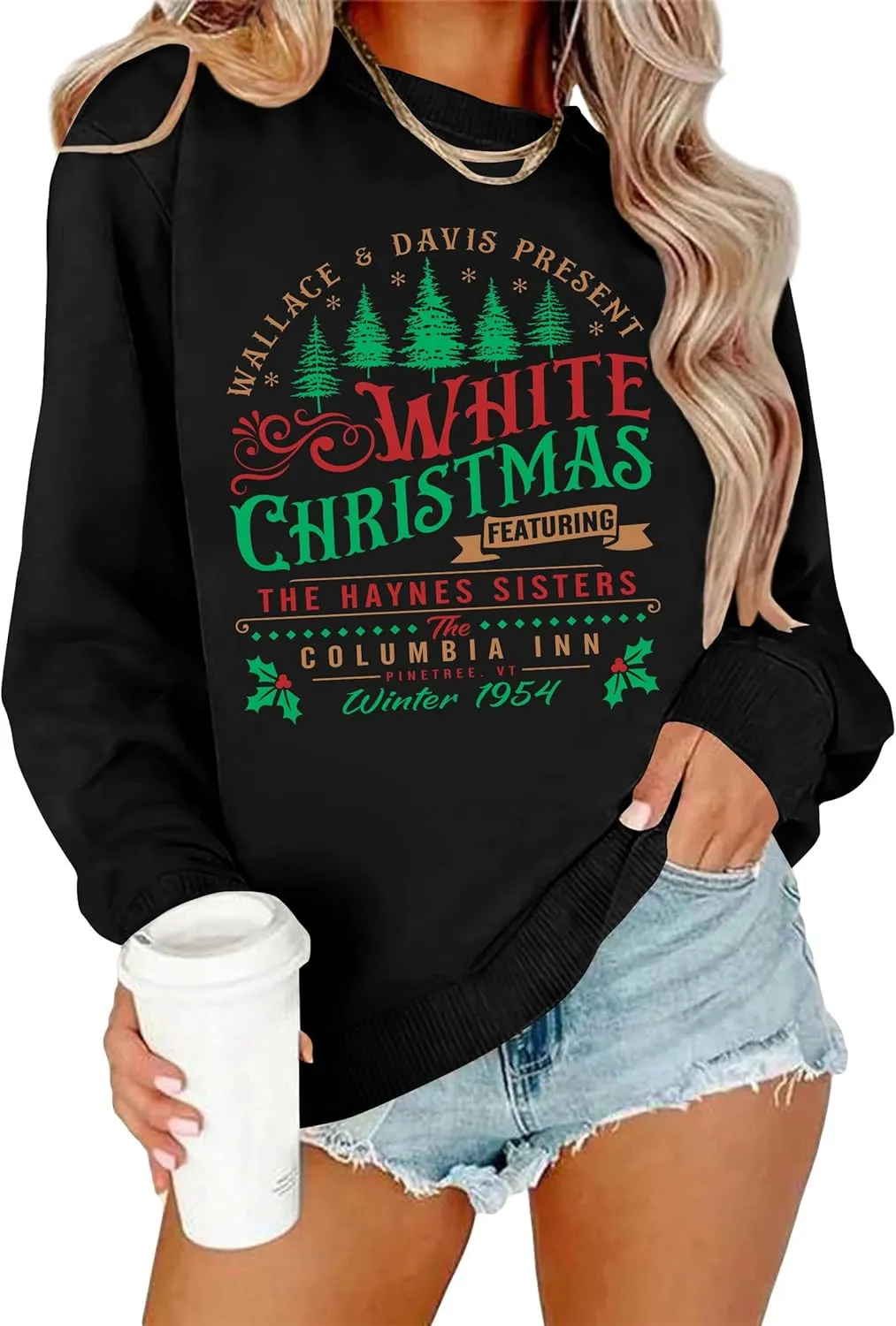 LAZYCHILD White Christmas Sweatshirt for Woman: Christmas Movie 1954 Shirts Xmas Tree Holiday Long Sleeves Pullover