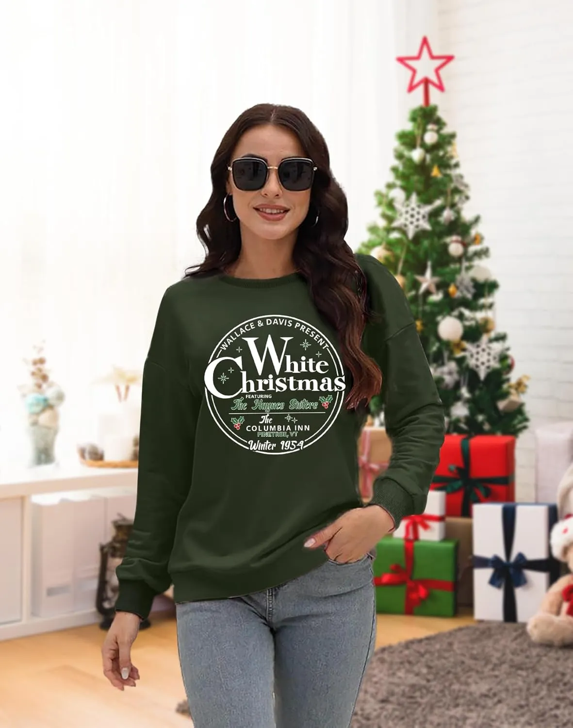 LAZYCHILD White Christmas Sweatshirt for Woman: Christmas Movie 1954 Shirts Xmas Tree Holiday Long Sleeves Pullover