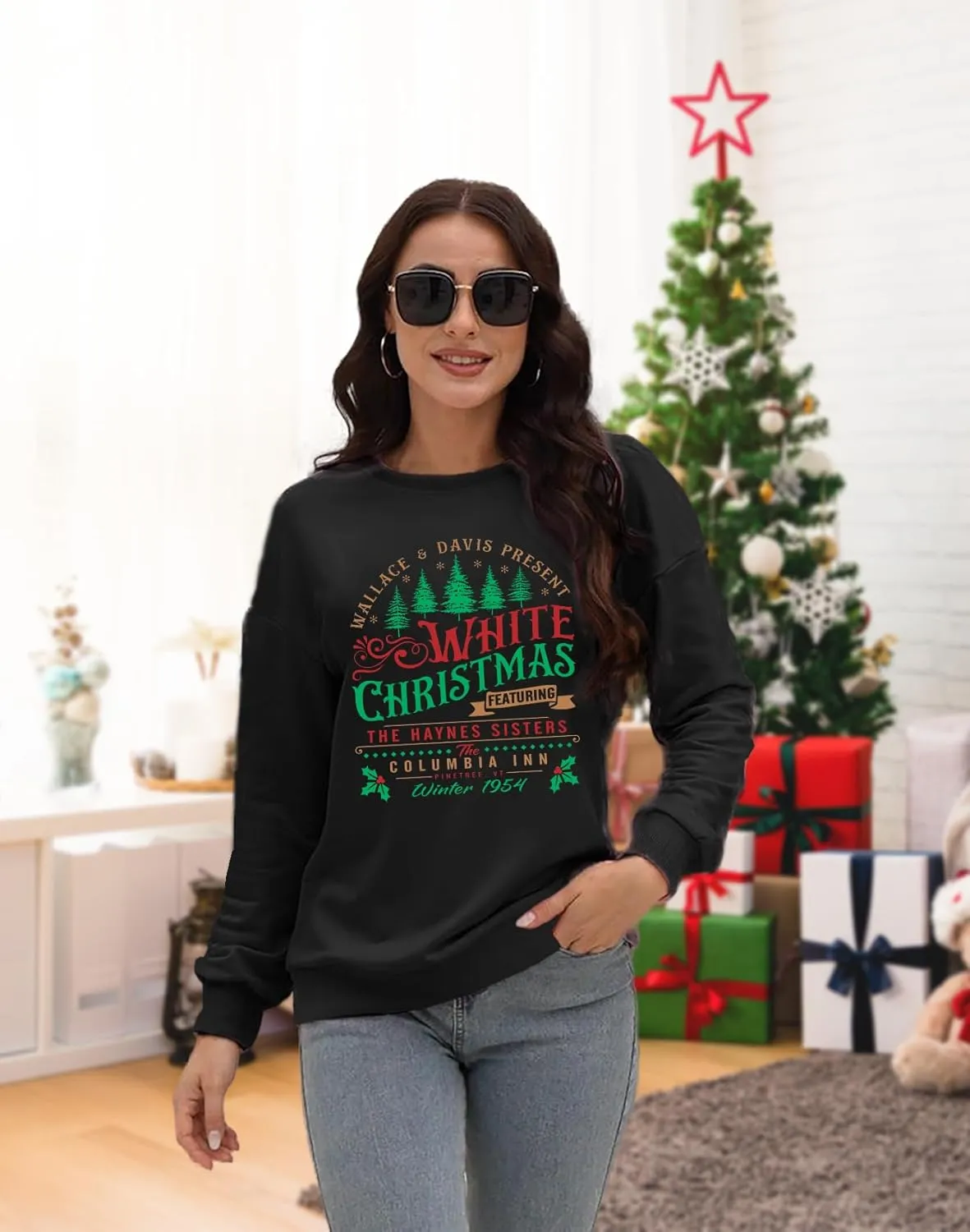 LAZYCHILD White Christmas Sweatshirt for Woman: Christmas Movie 1954 Shirts Xmas Tree Holiday Long Sleeves Pullover