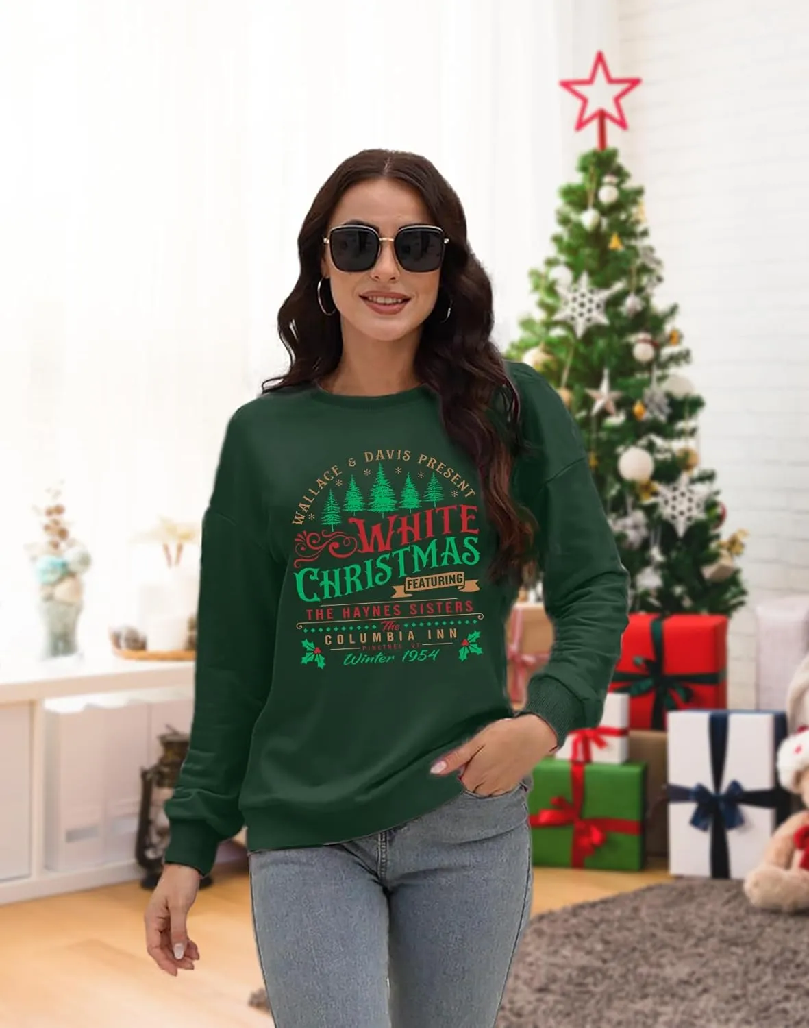 LAZYCHILD White Christmas Sweatshirt for Woman: Christmas Movie 1954 Shirts Xmas Tree Holiday Long Sleeves Pullover