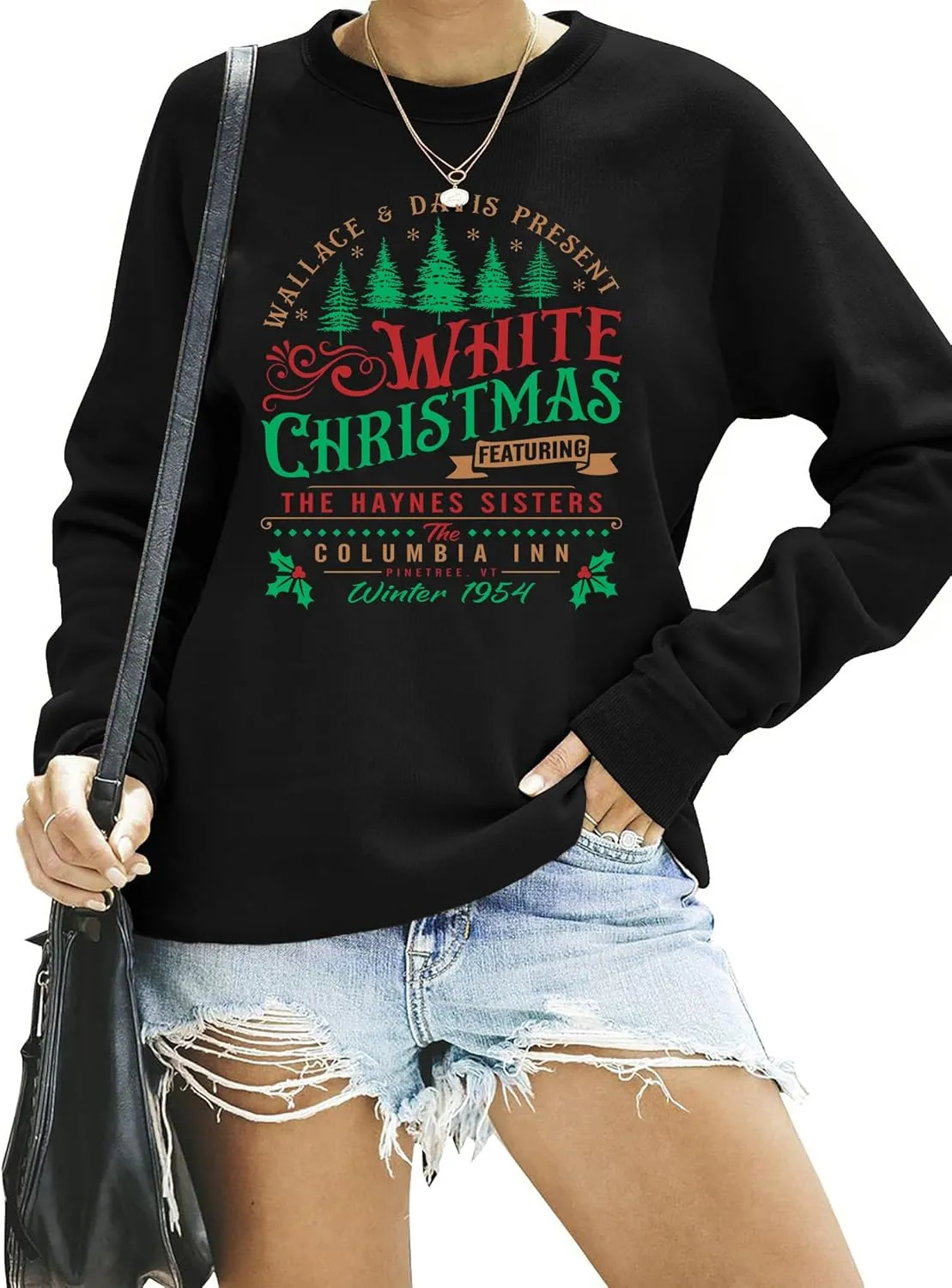 LAZYCHILD White Christmas Sweatshirt for Woman: Christmas Movie 1954 Shirts Xmas Tree Holiday Long Sleeves Pullover