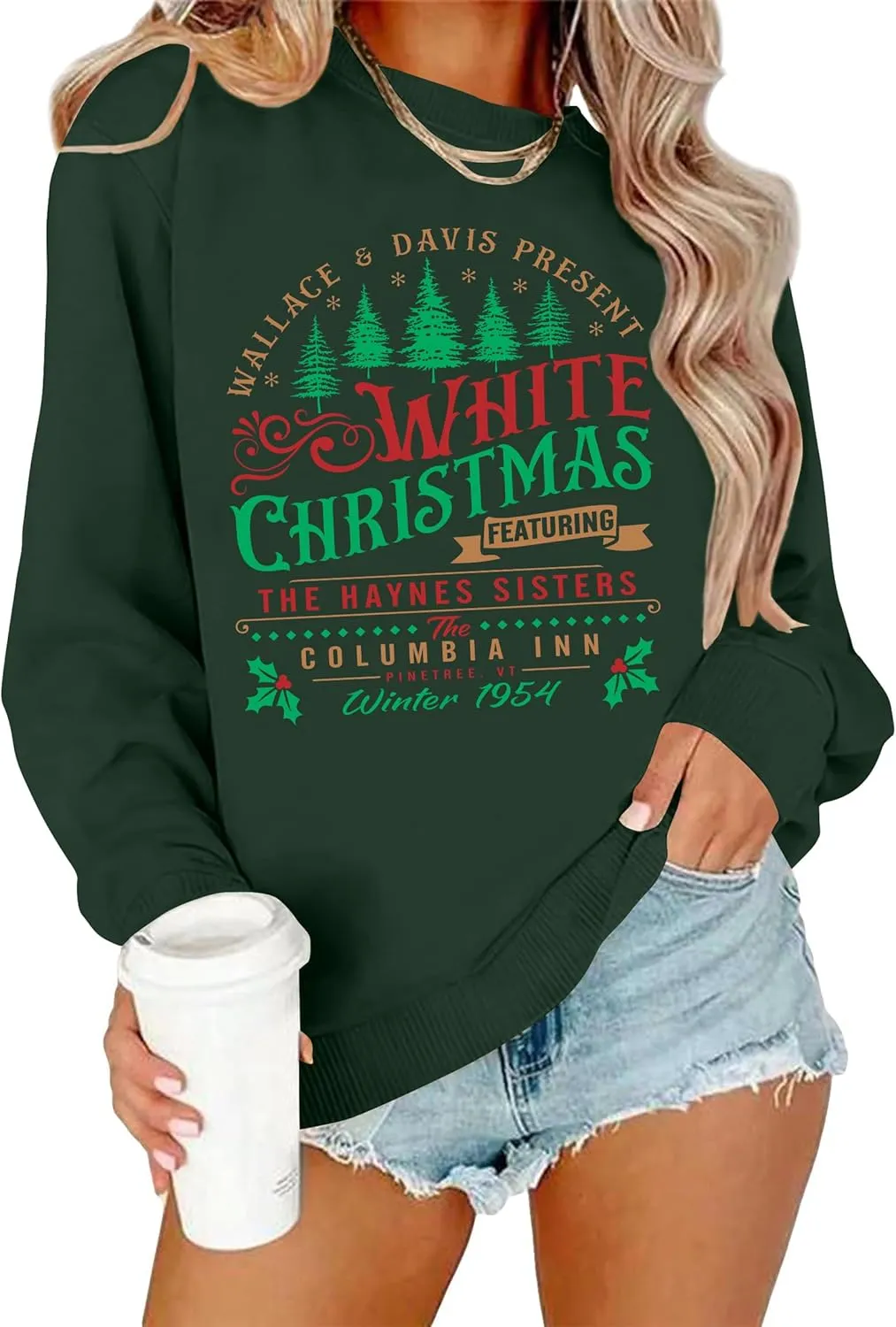 LAZYCHILD White Christmas Sweatshirt for Woman: Christmas Movie 1954 Shirts Xmas Tree Holiday Long Sleeves Pullover