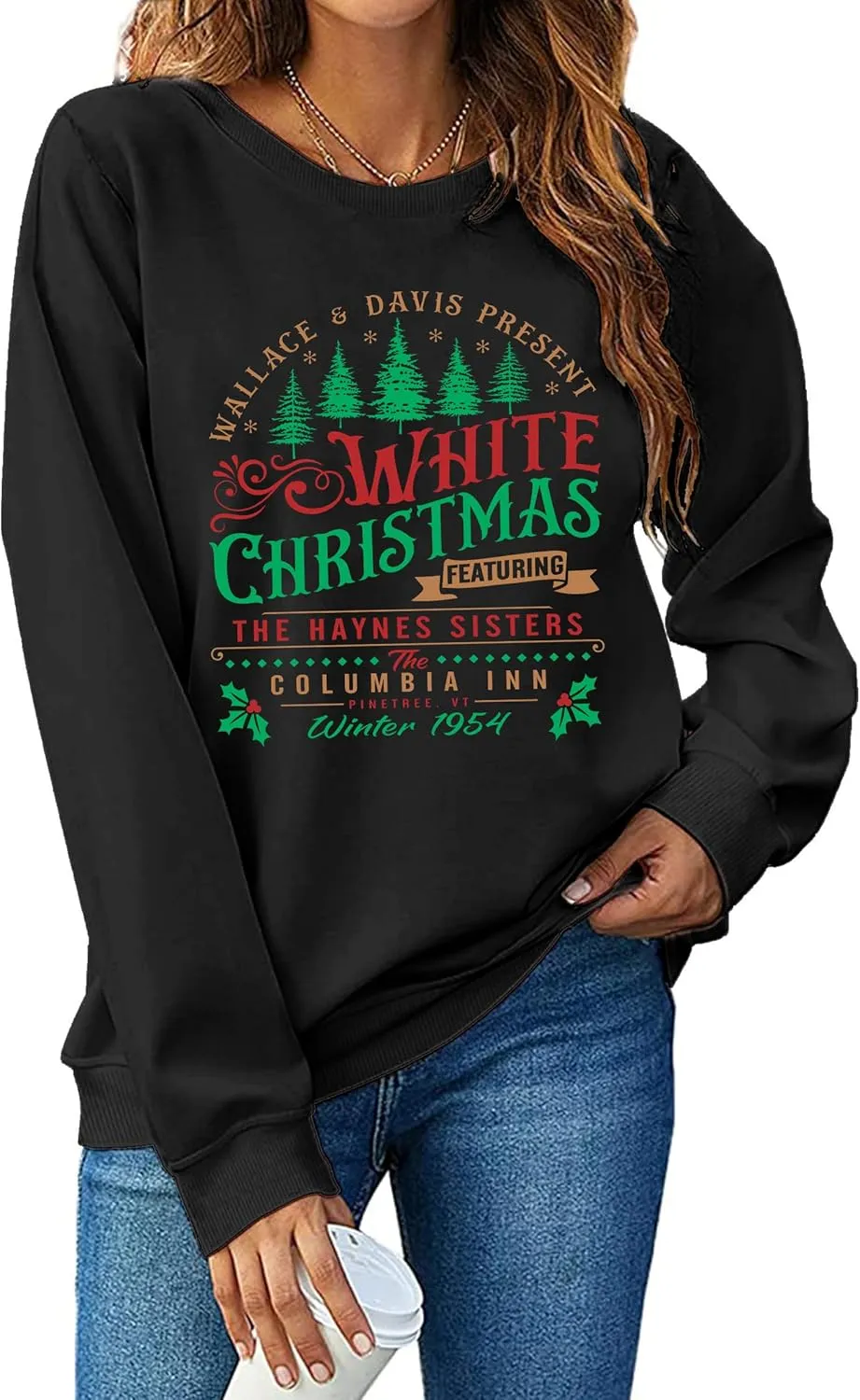 LAZYCHILD White Christmas Sweatshirt for Woman: Christmas Movie 1954 Shirts Xmas Tree Holiday Long Sleeves Pullover