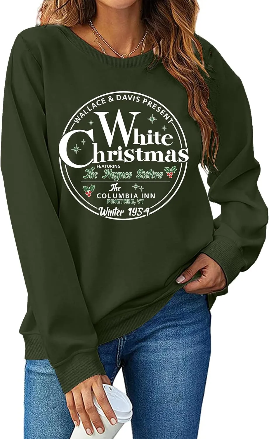 LAZYCHILD White Christmas Sweatshirt for Woman: Christmas Movie 1954 Shirts Xmas Tree Holiday Long Sleeves Pullover