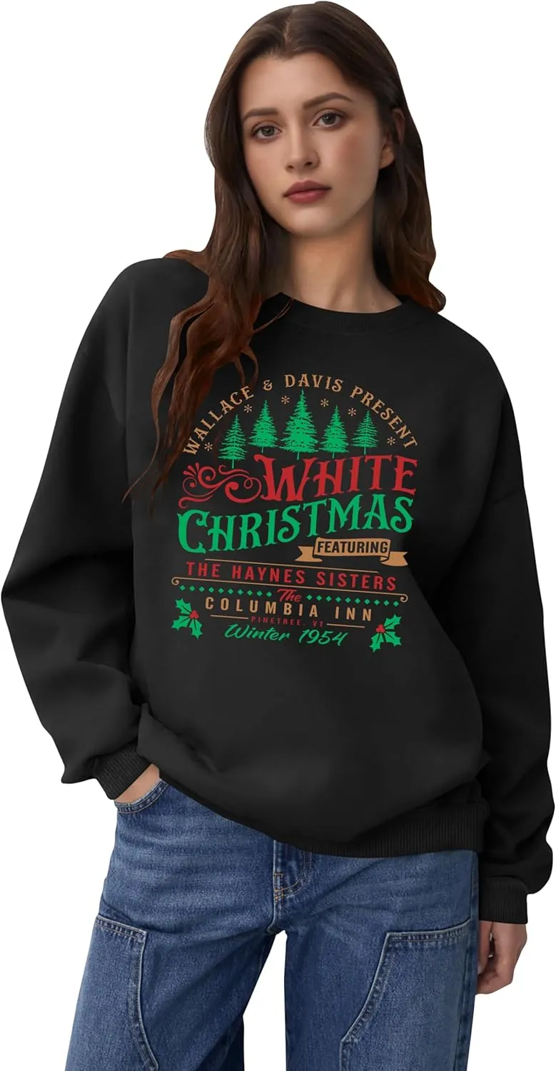 LAZYCHILD White Christmas Sweatshirt for Woman: Christmas Movie 1954 Shirts Xmas Tree Holiday Long Sleeves Pullover