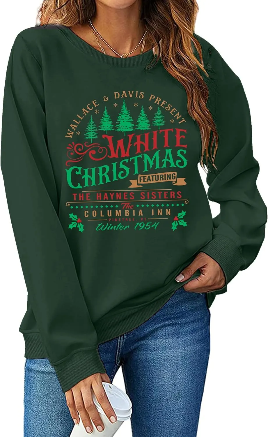 LAZYCHILD White Christmas Sweatshirt for Woman: Christmas Movie 1954 Shirts Xmas Tree Holiday Long Sleeves Pullover
